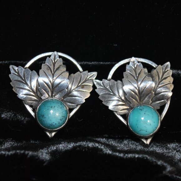 Vintage Sterling Silver & Turquoise Leaves Screw-back Earrings Native American